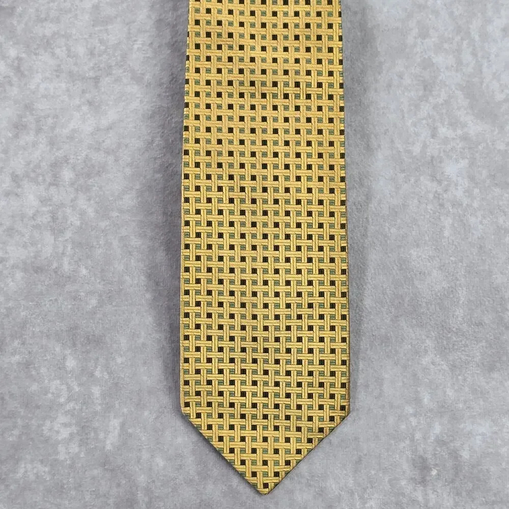 Lands' End USA Gold Brown Green Executive Geometric Square Silk Neck Tie Men's